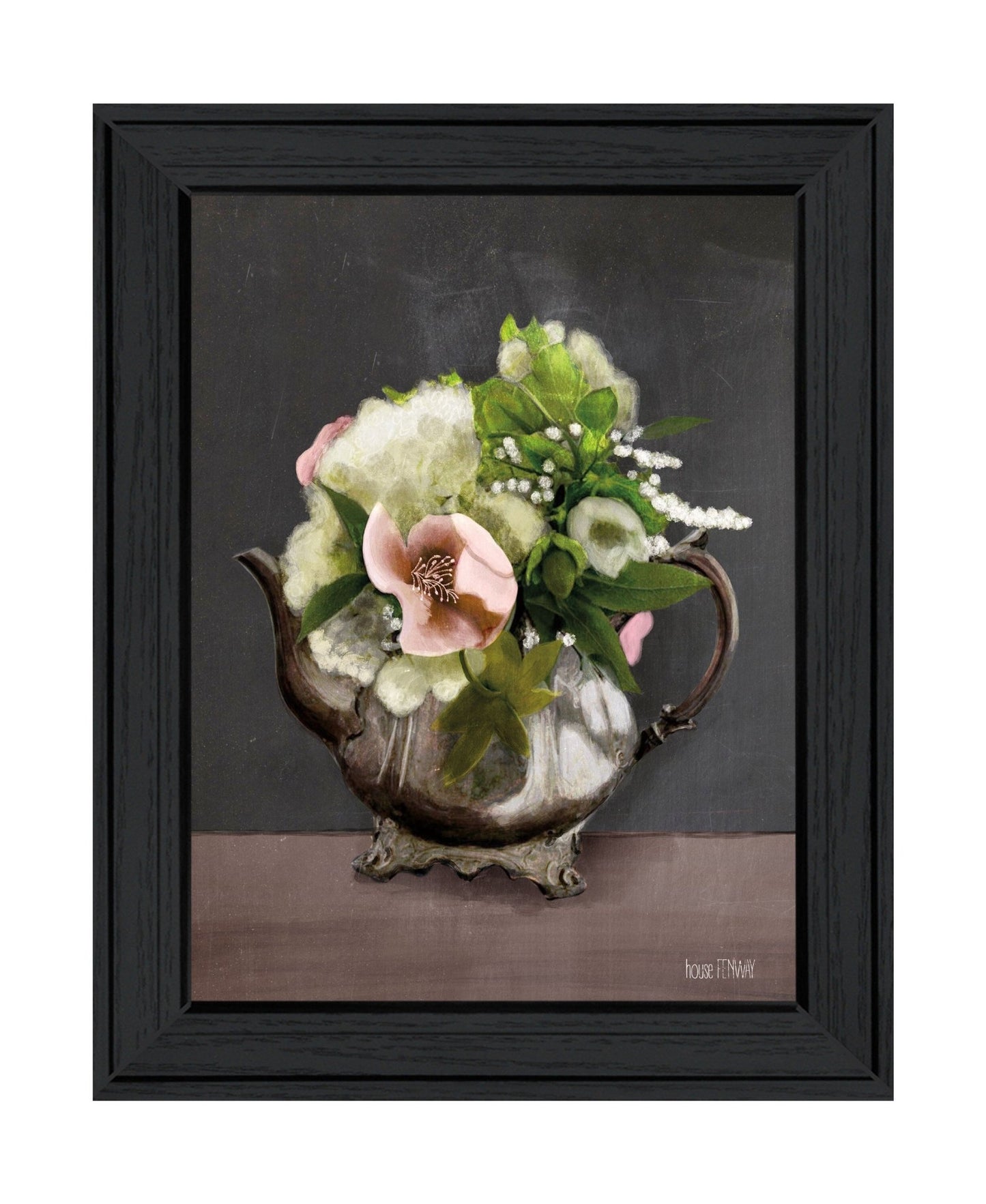 Vintage Floral Tea Pot 1 Black Framed Print Kitchen Wall Art - Galactic capuchin