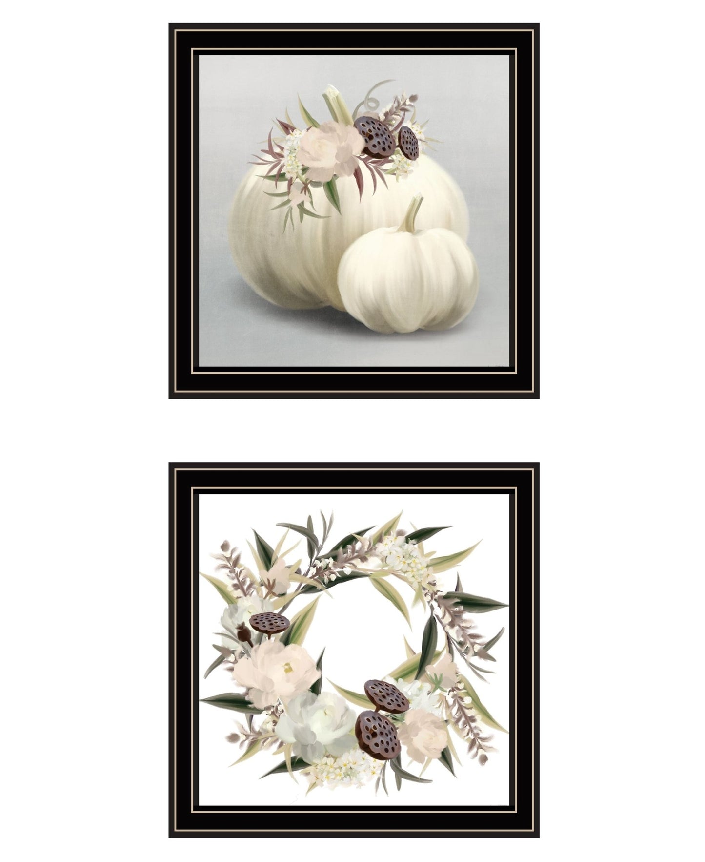 Set Of Two BOHO Pumpkins and Flowers 1 Black Framed Print Wall Art - Galactic capuchin