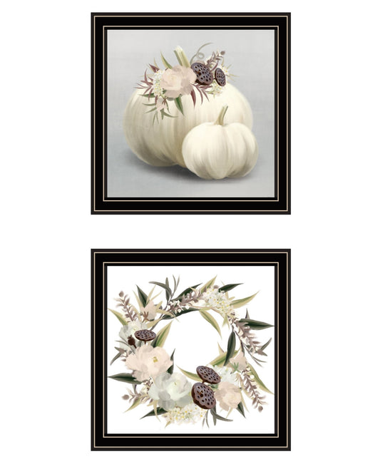 Set Of Two BOHO Pumpkins and Flowers 1 Black Framed Print Wall Art - Galactic capuchin