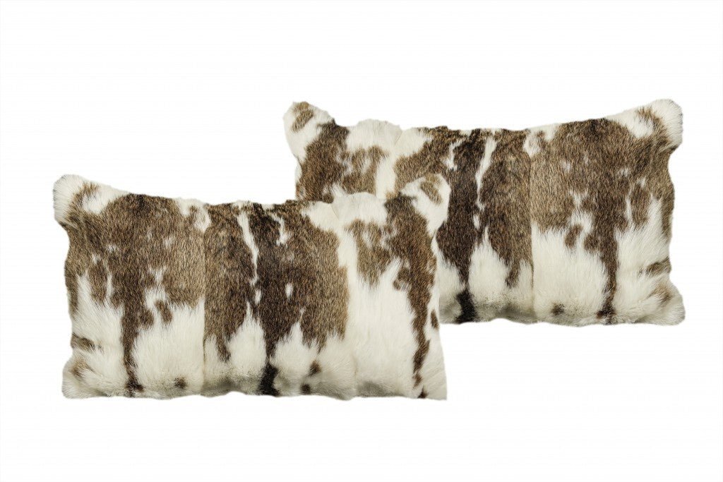 Set of Two 12" X 20" Brown and White Rabbit Natural Fur Throw Pillow - Galactic capuchin
