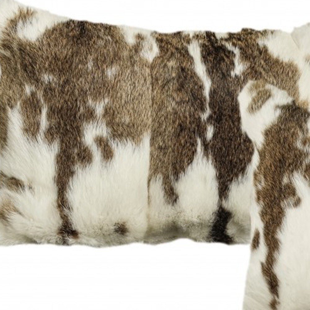Set of Two 12" X 20" Brown and White Rabbit Natural Fur Throw Pillow - Galactic capuchin