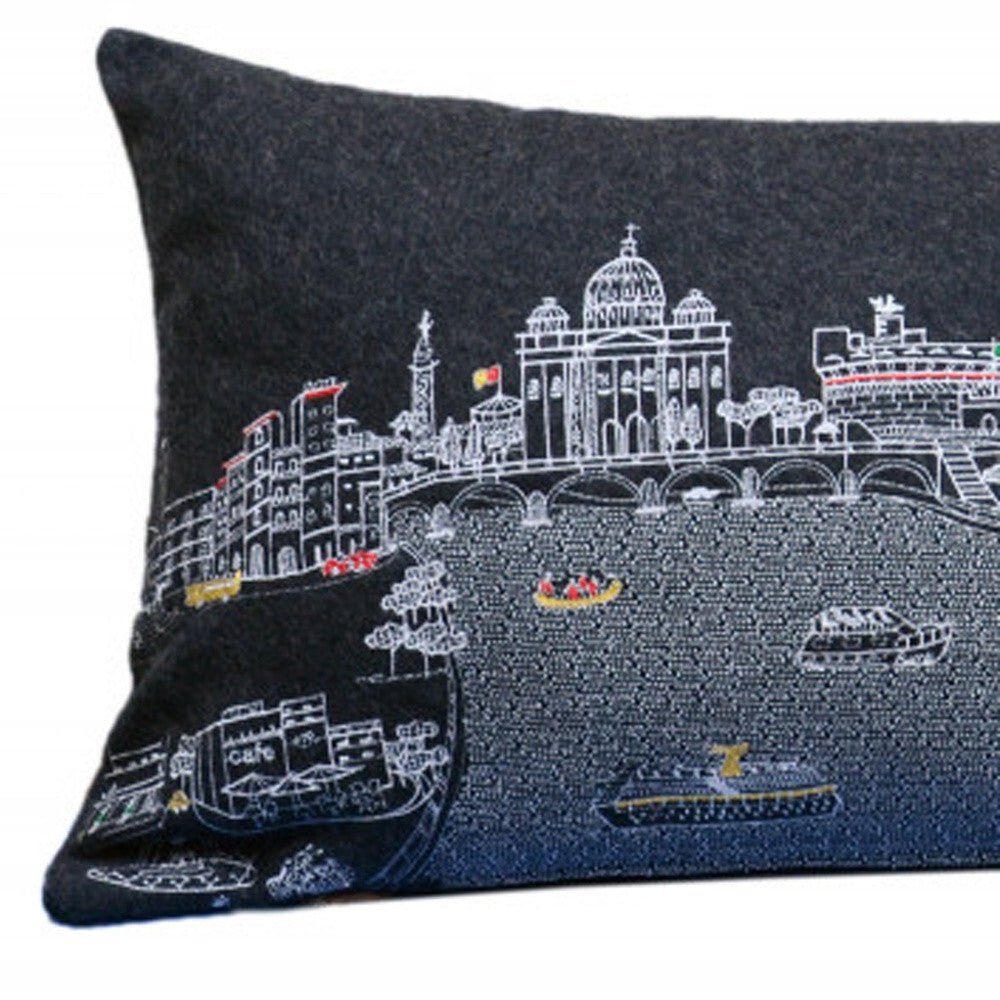 14" X 35" Black Gray and White Hometown Pride Wool Lumbar Throw Pillow - Galactic capuchin