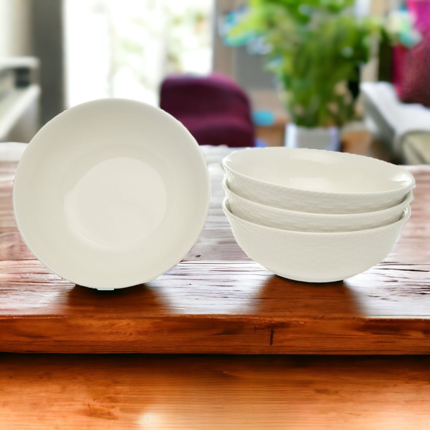 White Four Piece Round Weave Stoneware Service For Four Bowl Set - Galactic capuchin