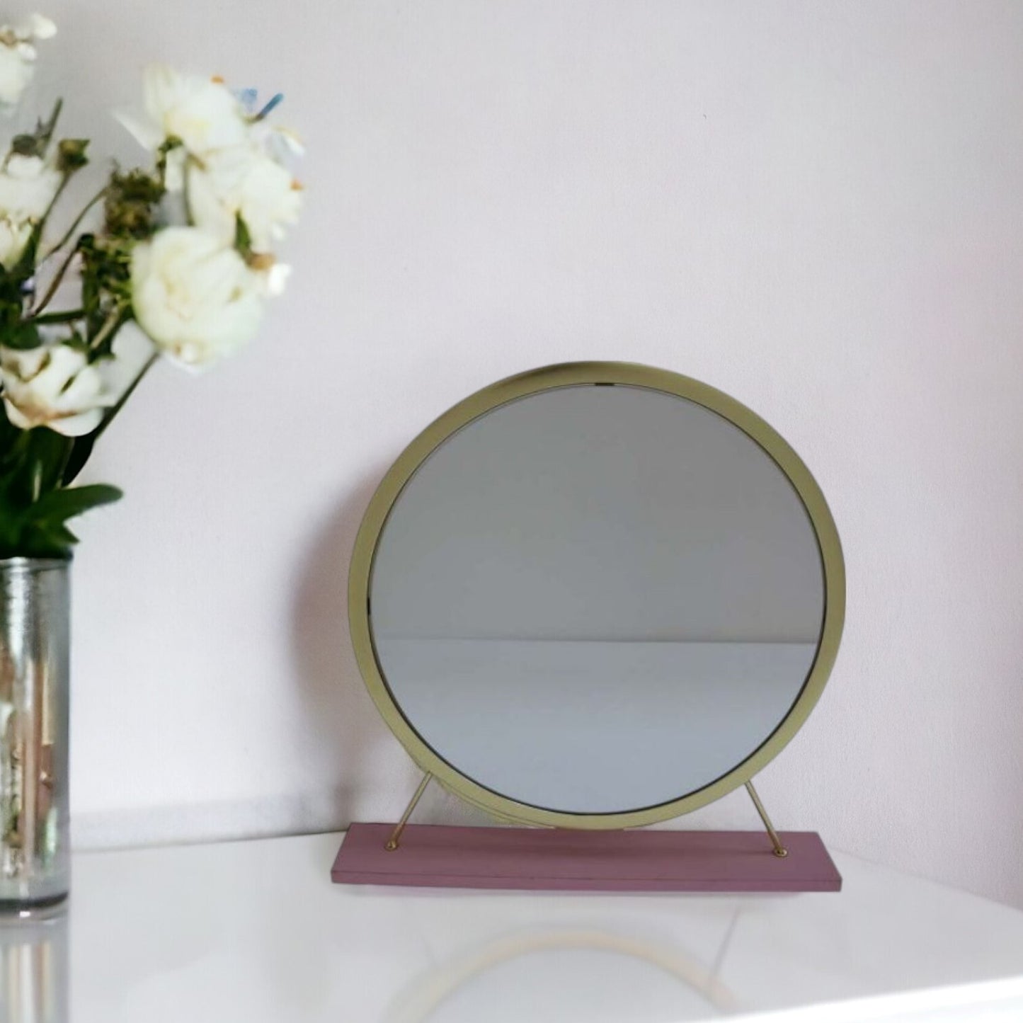 19" Faux Fur, Mirror, Pink & Gold Finish Round Makeup Shaving Tabletop Mirror - Galactic capuchin