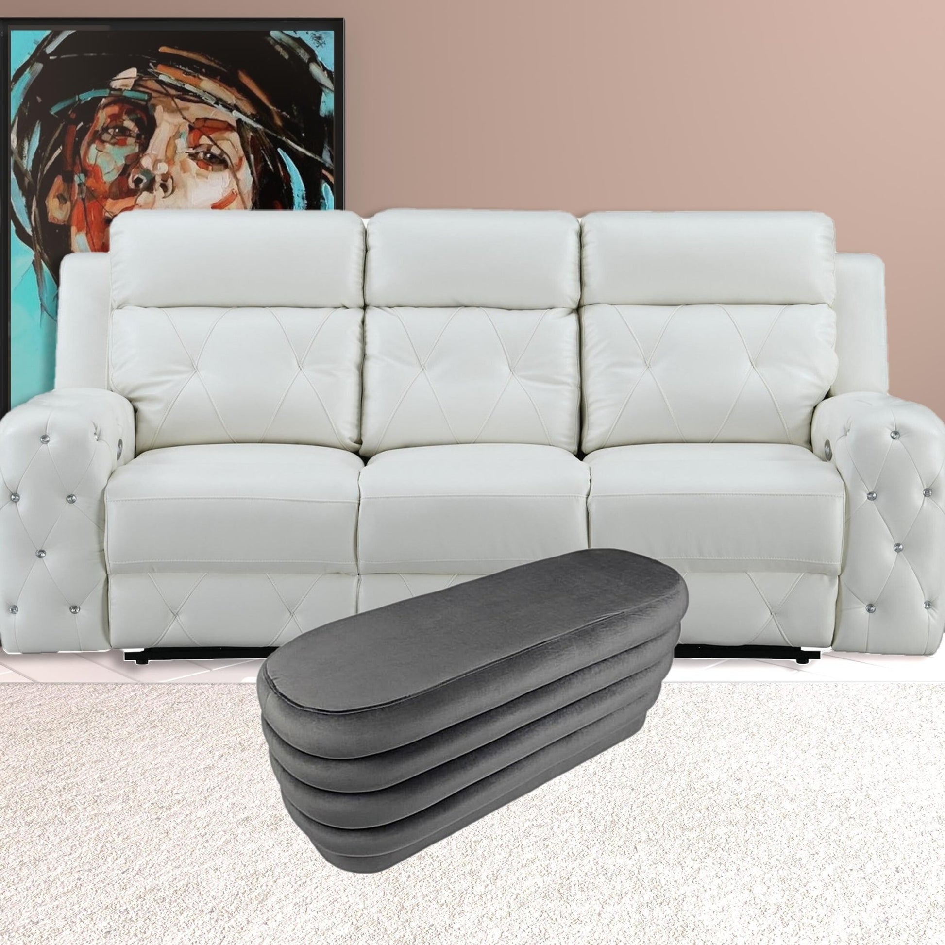 44" Gray Velvet Tufted Oval Ottoman - Galactic capuchin