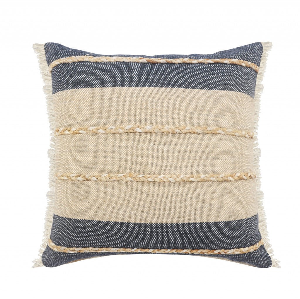 24" X 24" Denim Blue Tan And Taupe Jute Coastal Zippered Pillow - Galactic capuchin