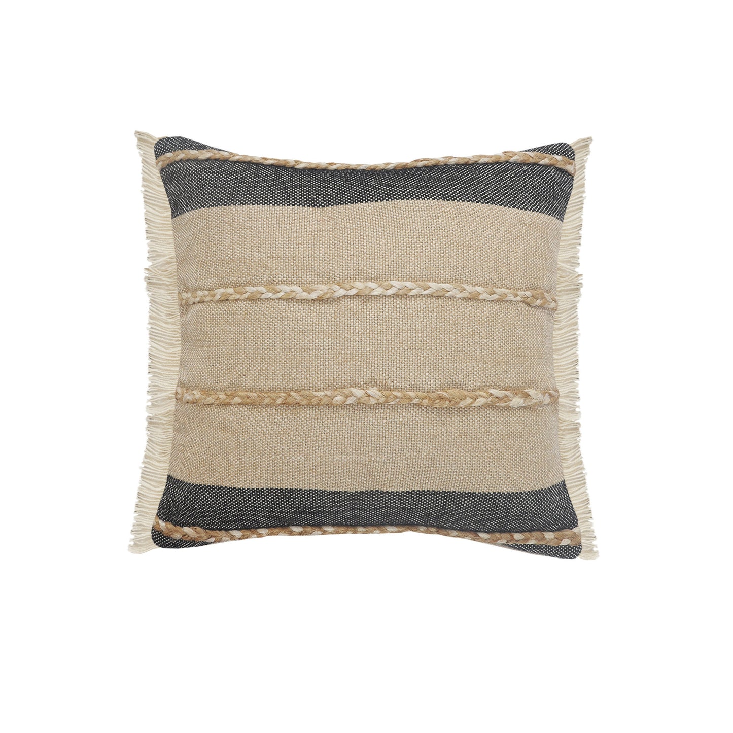 20" X 20" Beige And Ivory Jute Striped Zippered Pillow With Fringe - Galactic capuchin