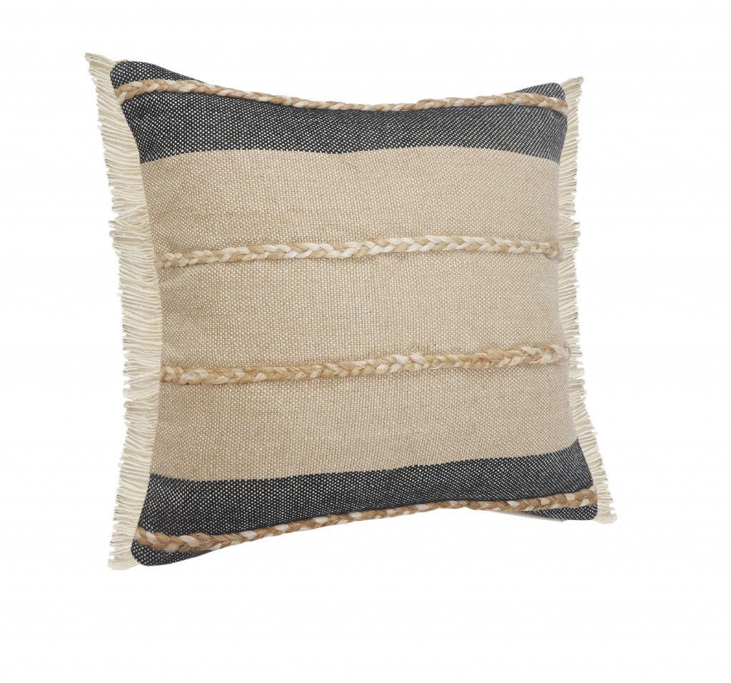 20" X 20" Beige And Ivory Jute Striped Zippered Pillow With Fringe - Galactic capuchin