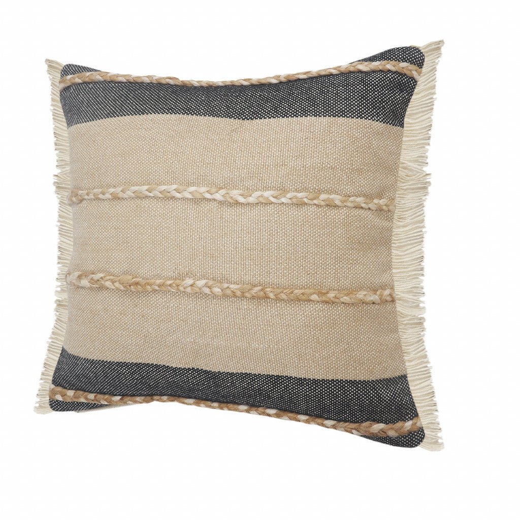 20" X 20" Beige And Ivory Jute Striped Zippered Pillow With Fringe - Galactic capuchin