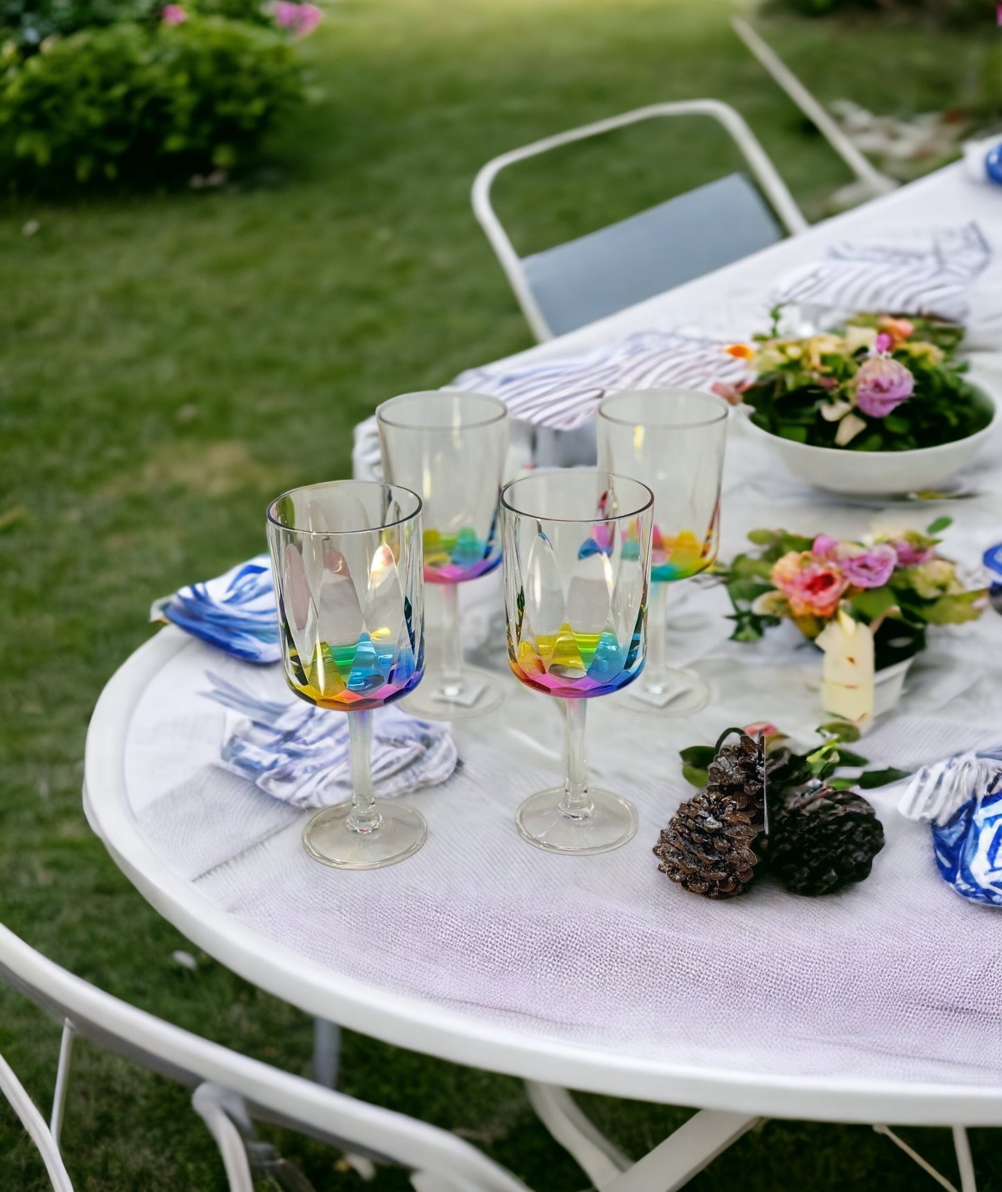 Set of Four Clear and Rainbow Geometric Acrylic Stemmed All Purpose Wine Glasses - Galactic capuchin