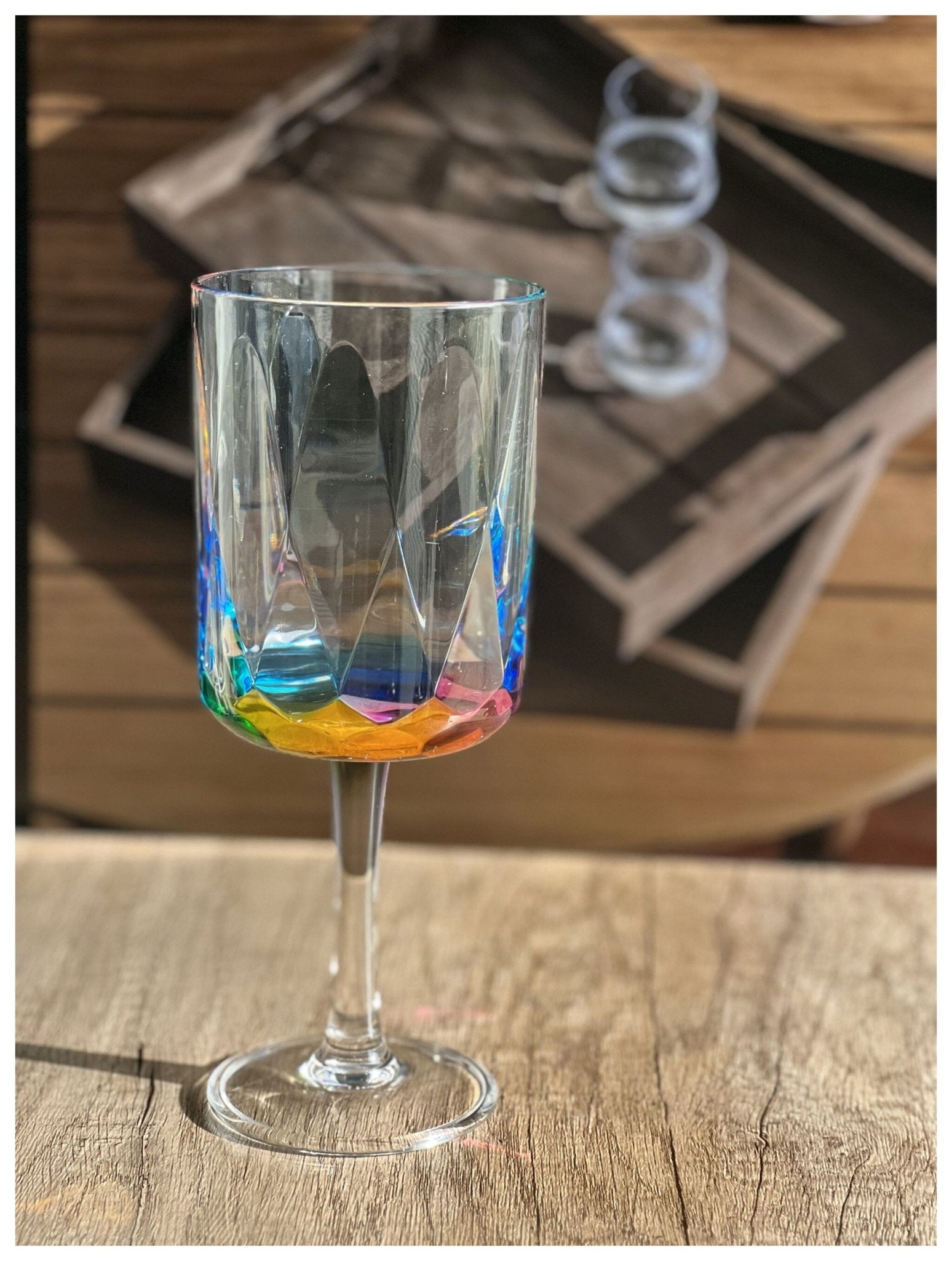 Set of Four Clear and Rainbow Geometric Acrylic Stemmed All Purpose Wine Glasses - Galactic capuchin