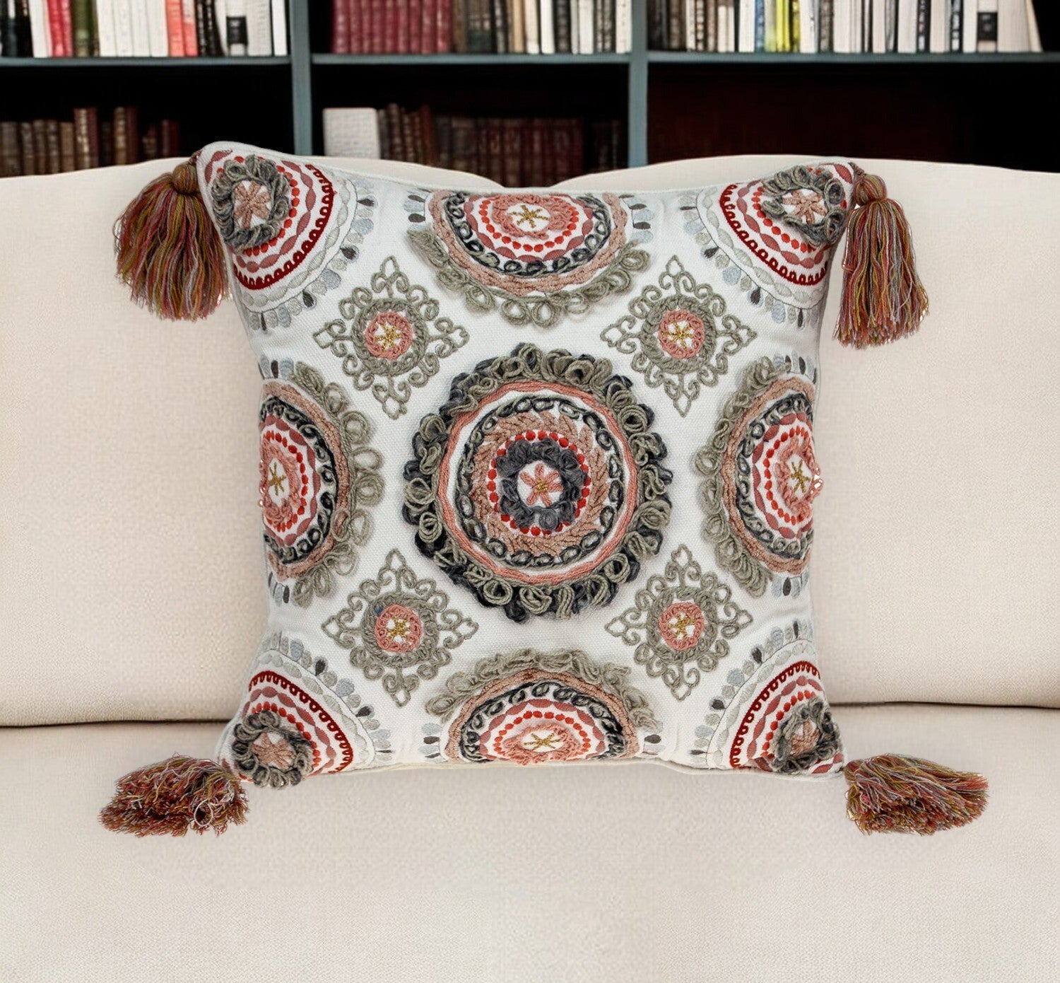18" Red and White Floral Cotton Throw Pillow With Embroidery, Tassels - Galactic capuchin