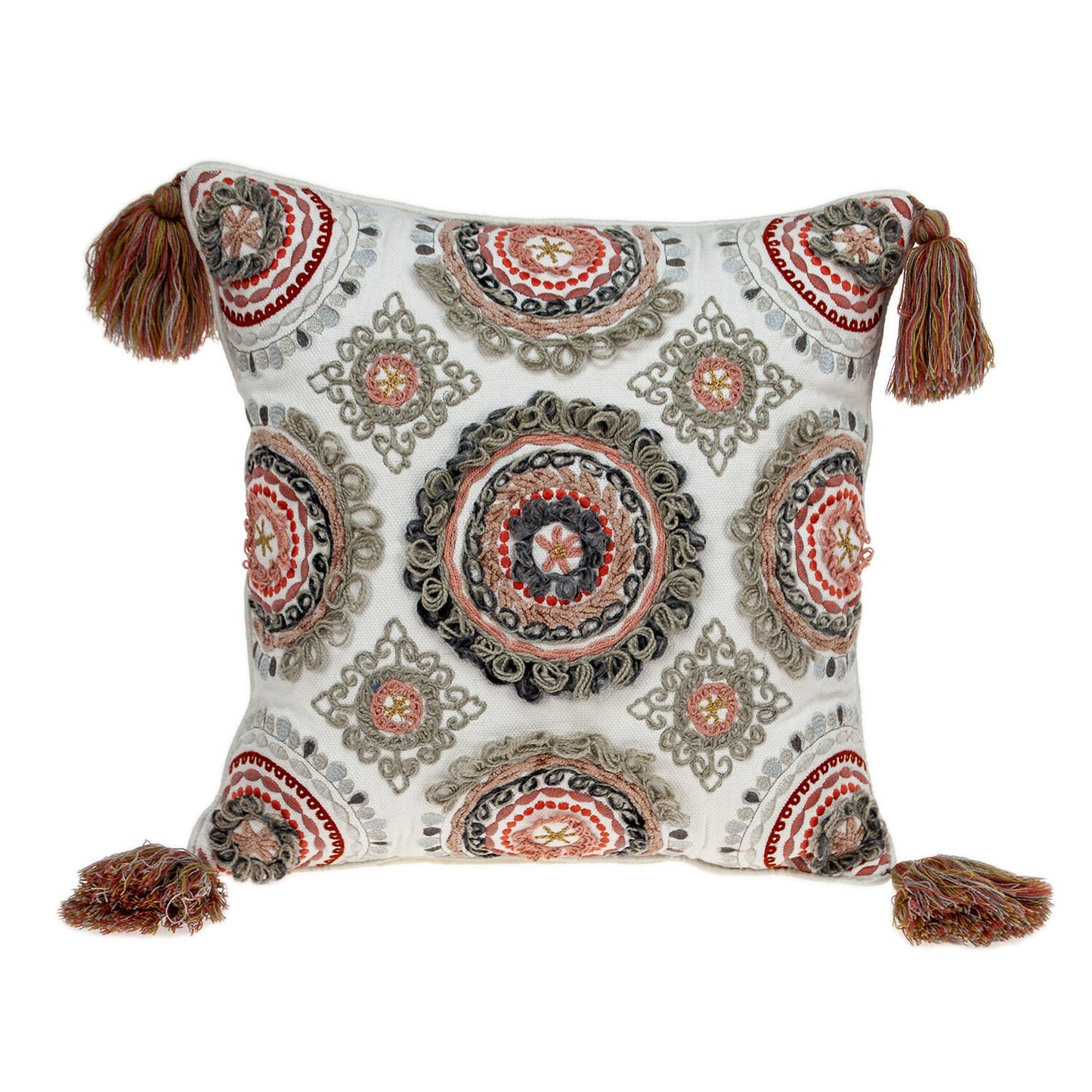18" Red and White Floral Cotton Throw Pillow With Embroidery, Tassels - Galactic capuchin