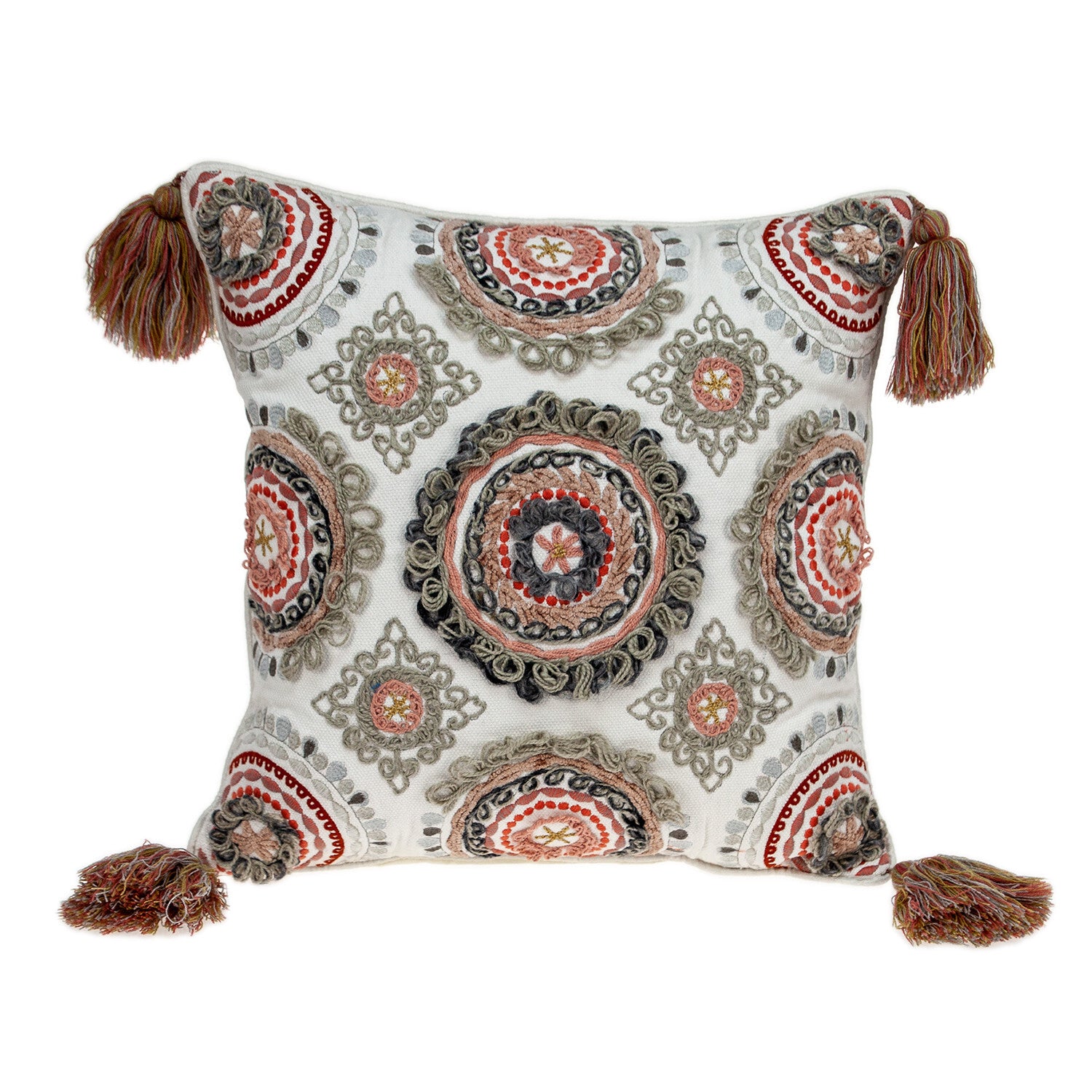 18" Red and White Floral Cotton Throw Pillow With Embroidery, Tassels - Galactic capuchin