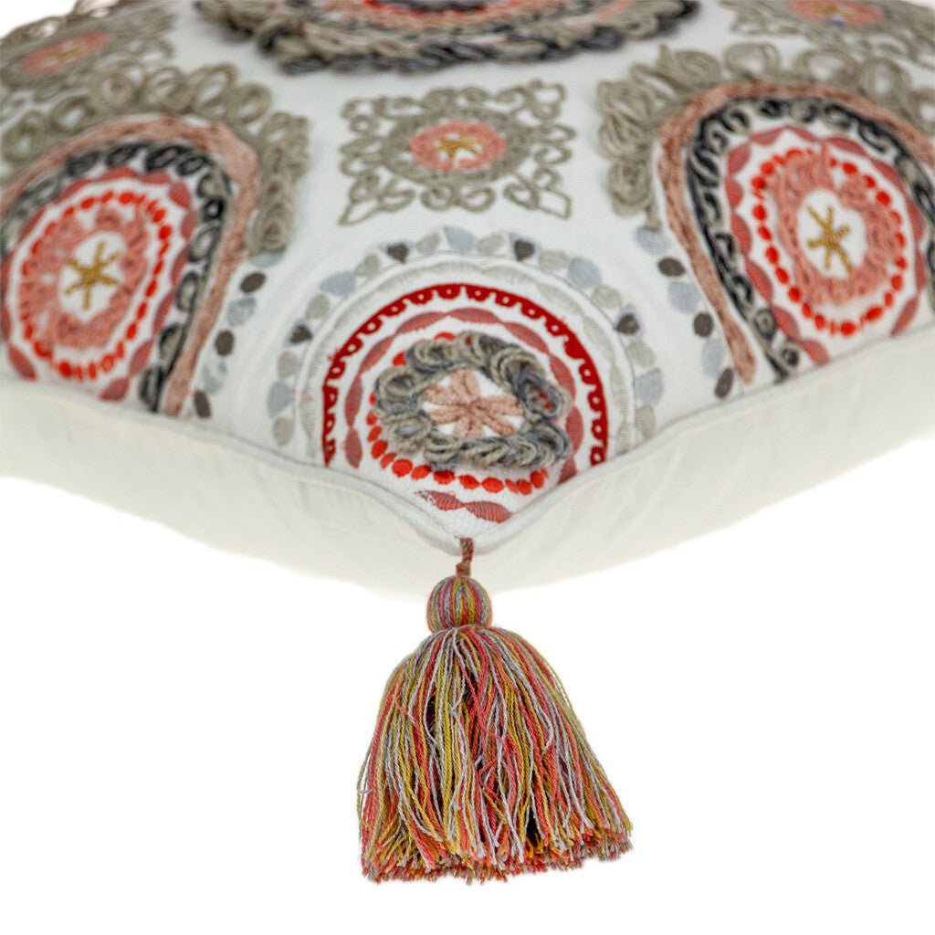 18" Red and White Floral Cotton Throw Pillow With Embroidery, Tassels - Galactic capuchin