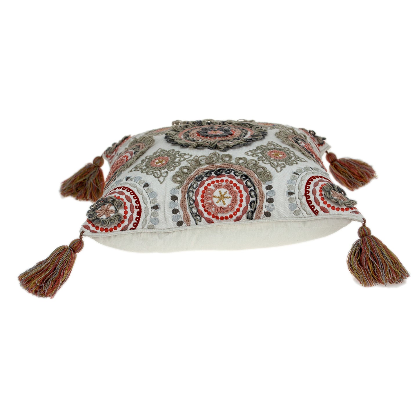18" Red and White Floral Cotton Throw Pillow With Embroidery, Tassels - Galactic capuchin
