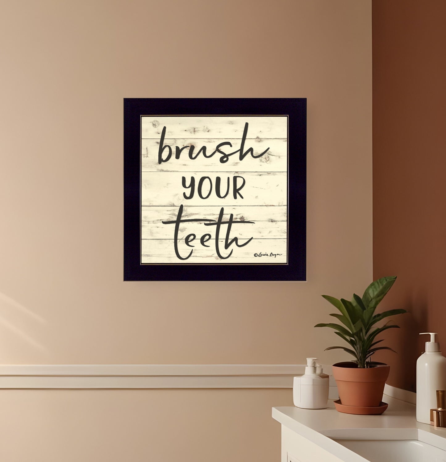 Brush your Teeth Black Framed Print Bathroom Wall Art - Galactic capuchin