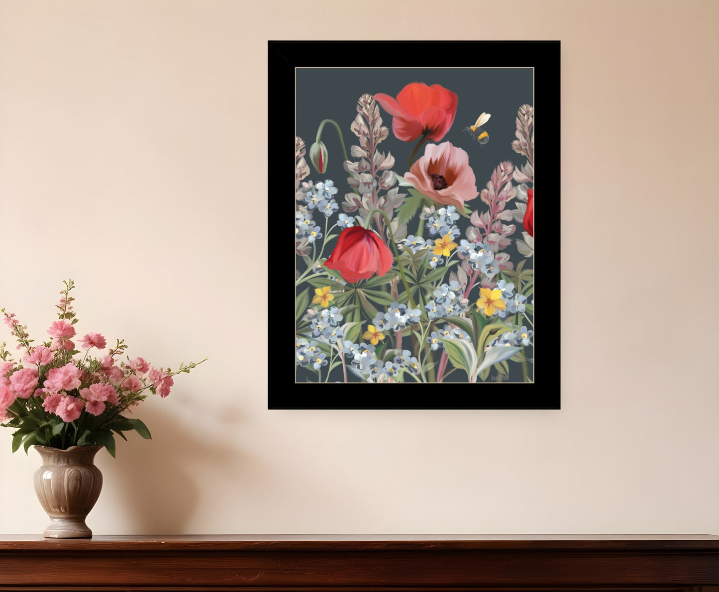 Summer Garden Buzz Black Framed Print Wall Art - Galactic capuchin