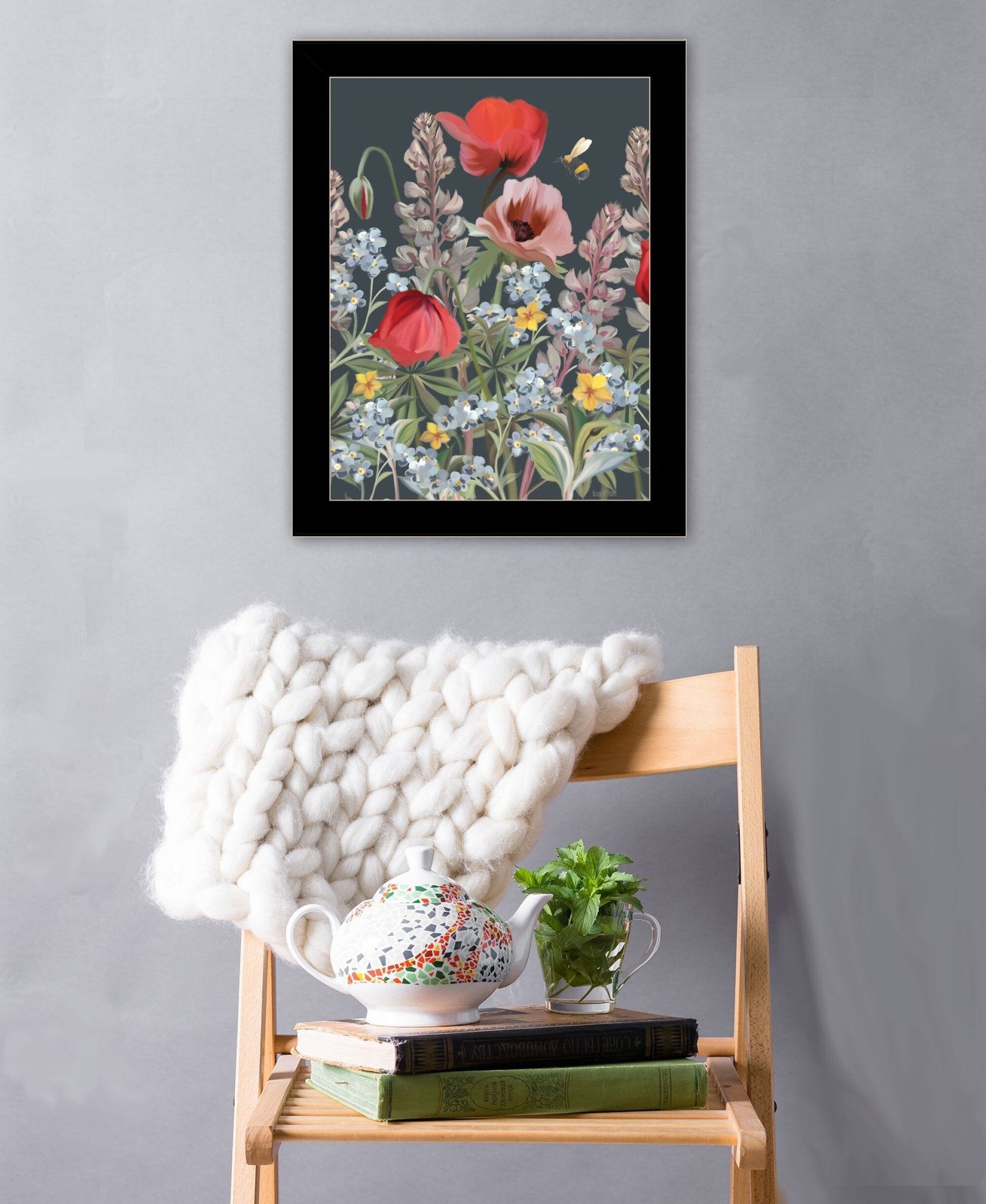 Summer Garden Buzz Black Framed Print Wall Art - Galactic capuchin