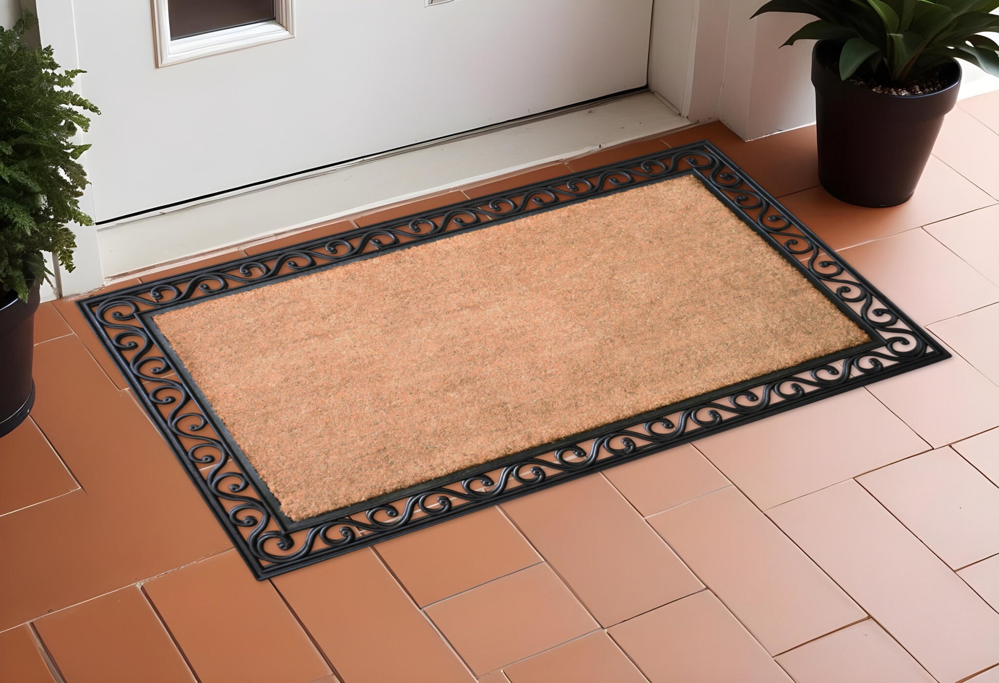 22" X 36" Natural and Black Coir Scrollwork Outdoor Door Mat - Galactic capuchin