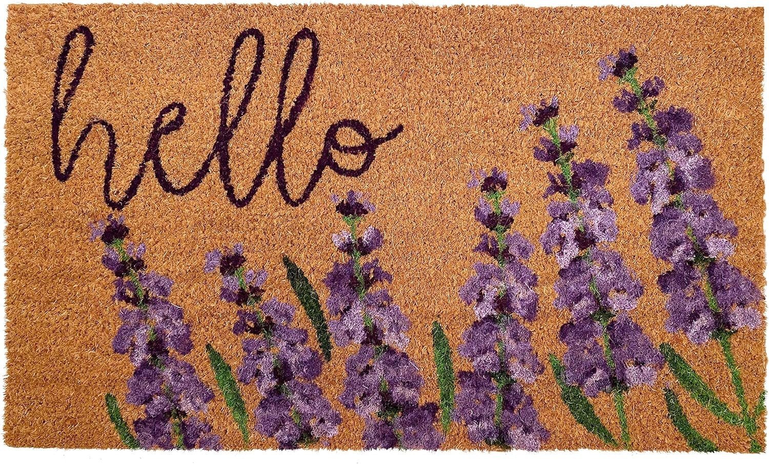 17" X 29" Natural Black and Purple Coir Floral Hello Outdoor Door Mat - Galactic capuchin