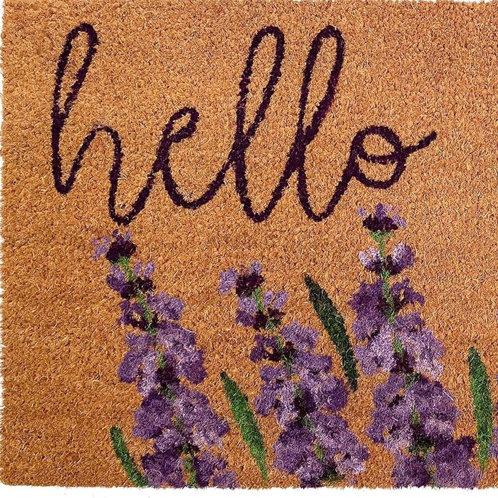 17" X 29" Natural Black and Purple Coir Floral Hello Outdoor Door Mat - Galactic capuchin