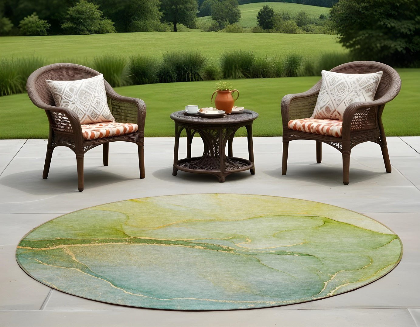 8' Round Green Round Abstract Washable Non Skid Indoor Outdoor Area Rug - Galactic capuchin