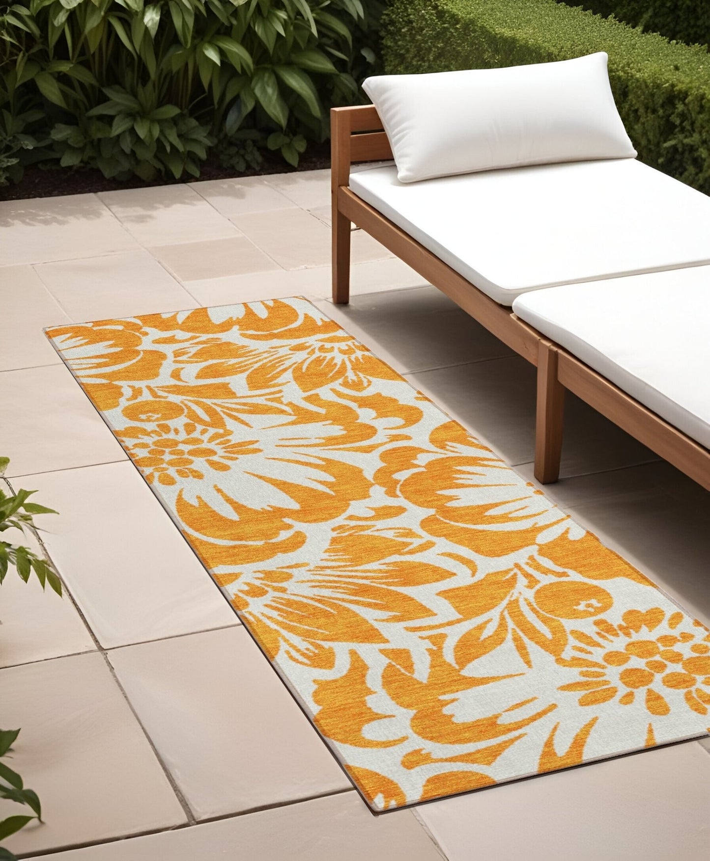 8' Runner Orange and White Floral Washable Non Skid Indoor Outdoor Runner Rug - Galactic capuchin