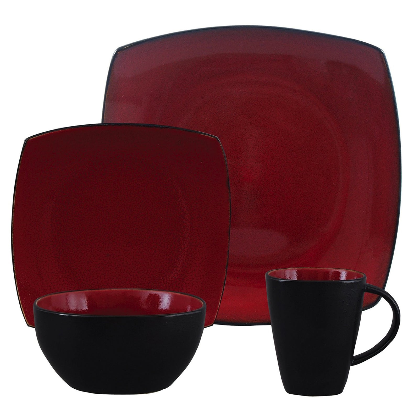 Gibson Soho Lounge 16 Piece Square Stoneware Dinnerware Set in Red and Black - Galactic capuchin