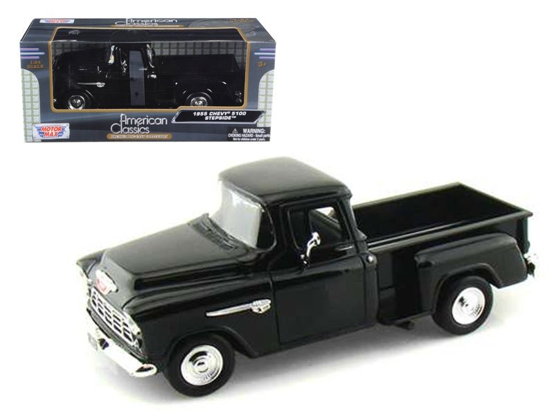 1955 Chevrolet 5100 Stepside Pickup Truck Black 1/24 Diecast Car Model by Motormax - Galactic capuchin