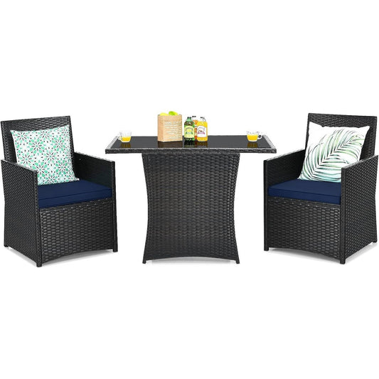 3 - Piece Patio Furniture Outdoor Dining Set Brown PE Rattan Navy Blue Cushions - Galactic capuchin