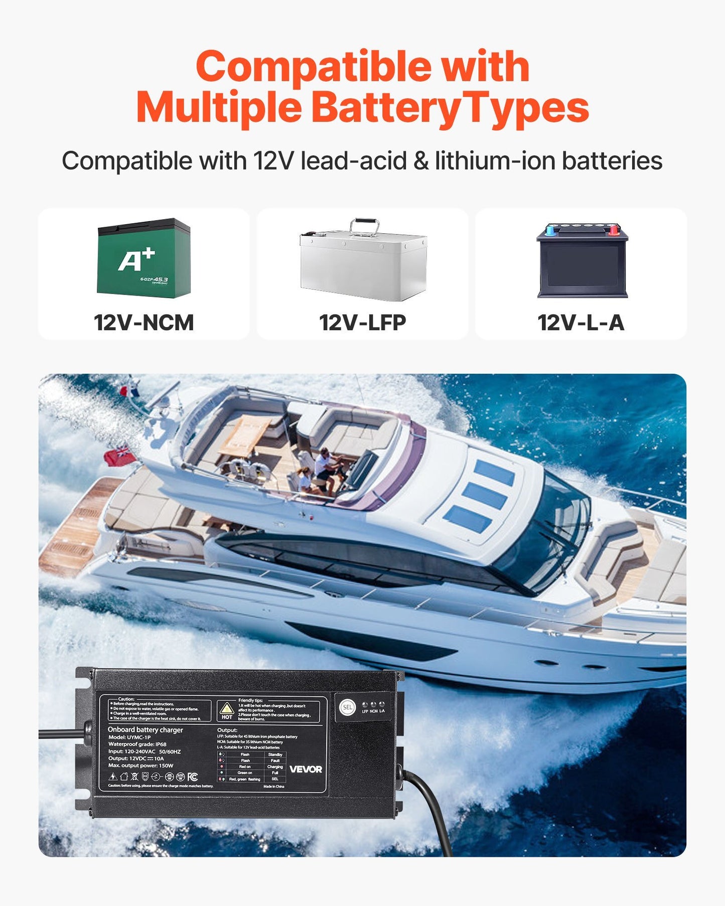 Marine Battery Charger, 1 - Bank, 10A 12V Onboard Boat Charger, IP68 Waterproof Smart On - Board Battery Charger, for Lithium - Ion (LiFePO4), NCM, Lead - Acid Batteries, Large Boat, Yacht, RV, Trailer - Galactic capuchin