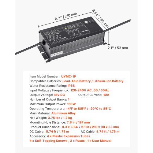 Marine Battery Charger, 1 - Bank, 10A 12V Onboard Boat Charger, IP68 Waterproof Smart On - Board Battery Charger, for Lithium - Ion (LiFePO4), NCM, Lead - Acid Batteries, Large Boat, Yacht, RV, Trailer - Galactic capuchin