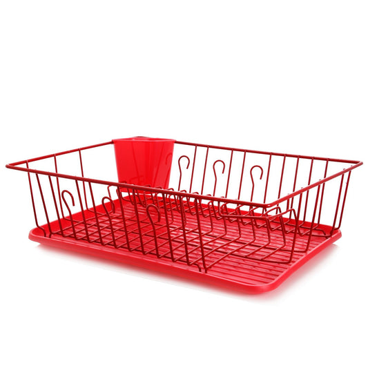 MegaChef 17.5 Inch Red Dish Rack with 14 Plate Positioners and a Detachable Utensil Holder - Galactic capuchin