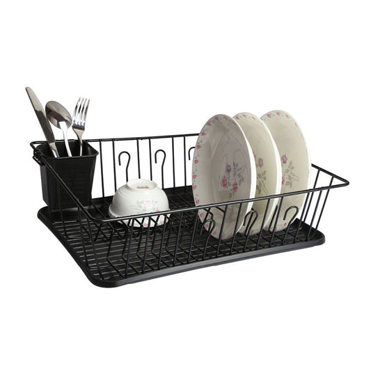MegaChef 17.5 Inch Black Dish Rack with 14 Plate Positioners and a Detachable Utensil Holder - Galactic capuchin