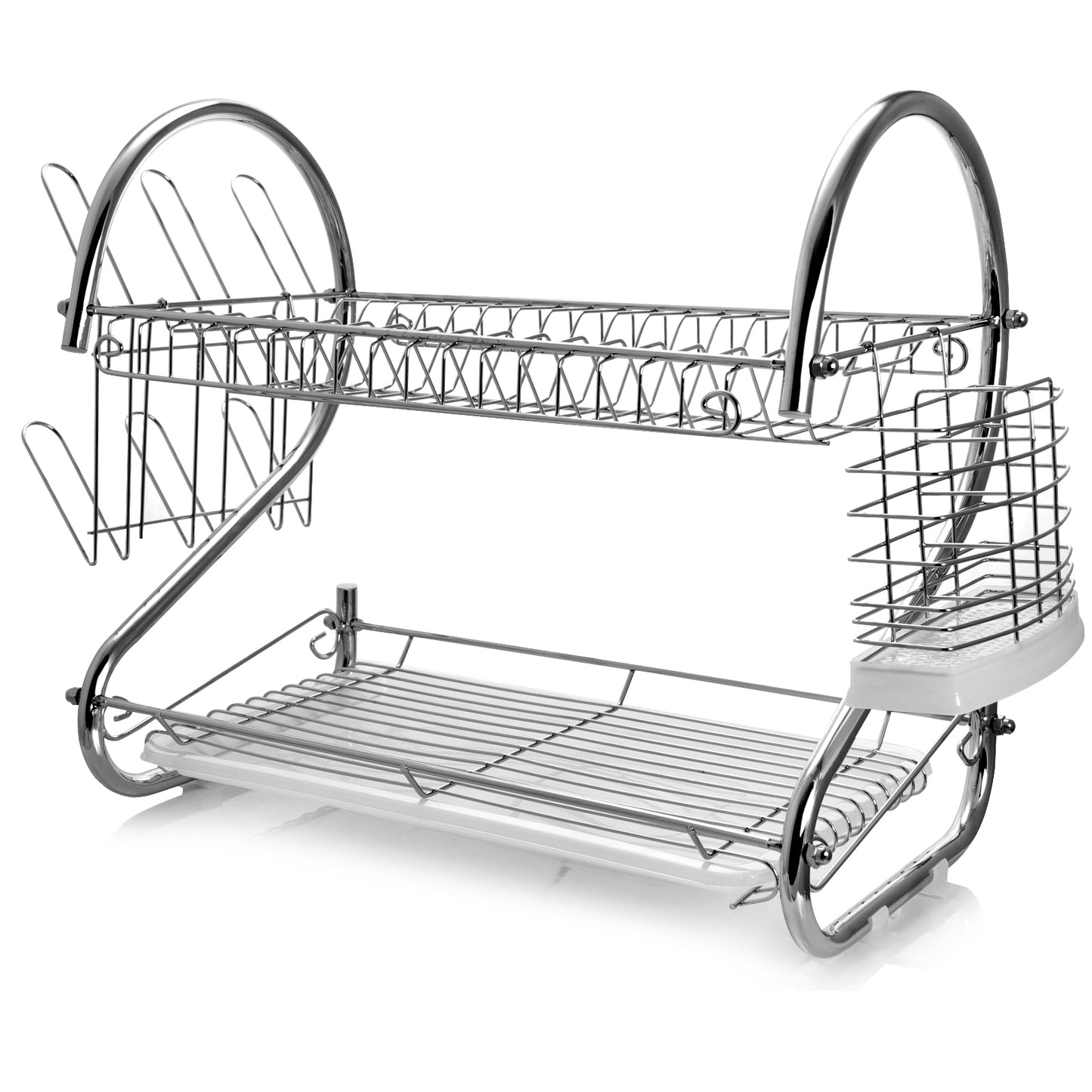 MegaChef 16 Inch Two Shelf Dish Rack with Easily Removable Draining Tray, 6 Cup Hangers and Removable Utensil Holder - Galactic capuchin