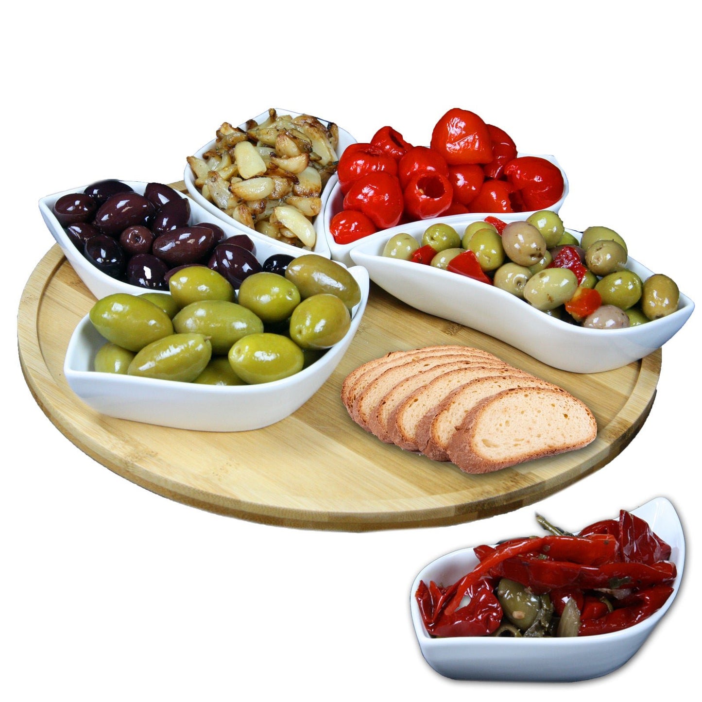 Elama Signature Modern 13.5 Inch 7pc Lazy Susan Appetizer and Condiment Server Set with 6 Unique Design Serving Dishes and a Bamboo Lazy Suzan Serving Tray - Galactic capuchin