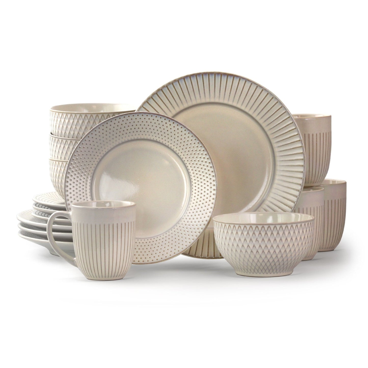 Elama Market Finds 16 Piece Round Stoneware Dinnerware Set in Embossed White - Galactic capuchin