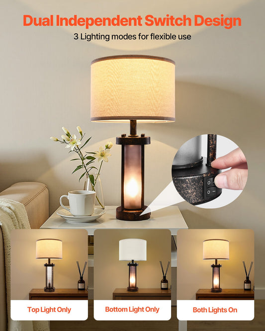 Table Lamps Set of 2, Dimmable Farmhouse Bedside Nightstand Lamps, Vintage Lamp with LED Bulb and Linen Shades, Bedside Lamp with USB C+A Ports & AC Outlet, for Living Room, Bedroom & Office - Galactic capuchin