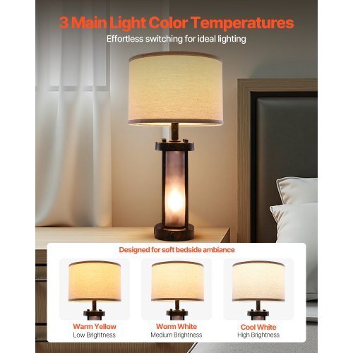 Table Lamps Set of 2, Dimmable Farmhouse Bedside Nightstand Lamps, Vintage Lamp with LED Bulb and Linen Shades, Bedside Lamp with USB C+A Ports & AC Outlet, for Living Room, Bedroom & Office - Galactic capuchin