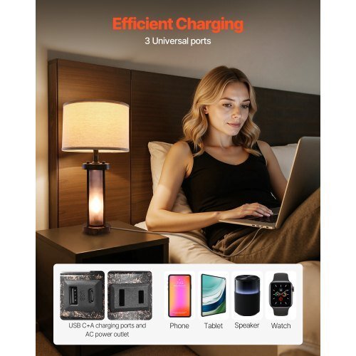 Table Lamps Set of 2, Dimmable Farmhouse Bedside Nightstand Lamps, Vintage Lamp with LED Bulb and Linen Shades, Bedside Lamp with USB C+A Ports & AC Outlet, for Living Room, Bedroom & Office - Galactic capuchin