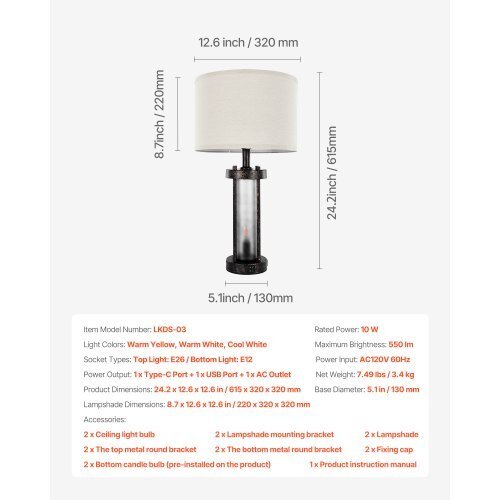 Table Lamps Set of 2, Dimmable Farmhouse Bedside Nightstand Lamps, Vintage Lamp with LED Bulb and Linen Shades, Bedside Lamp with USB C+A Ports & AC Outlet, for Living Room, Bedroom & Office - Galactic capuchin