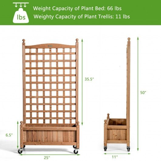 50 Inch Wood Planter Box with Trellis Mobile Raised Bed for Climbing Plant - Galactic capuchin