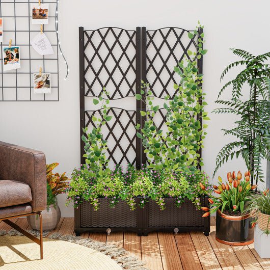 Set of 2 PE Rattan Raised Garden Bed with Trellis Planter Box for Climbing Plants - Rustic Brown - Galactic capuchin
