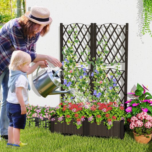 Set of 2 PE Rattan Raised Garden Bed with Trellis Planter Box for Climbing Plants - Rustic Brown - Galactic capuchin