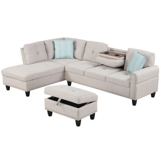 98 Inches Sectional Sofa Couch with Movable Storage Ottoman and Linen Fabric Backs - DG - Galactic capuchin