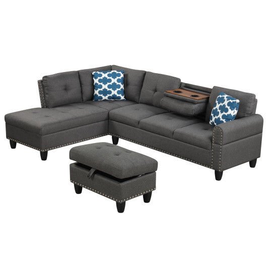 98 Inches Sectional Sofa Couch with Movable Storage Ottoman and Linen Fabric Backs - DG - Galactic capuchin