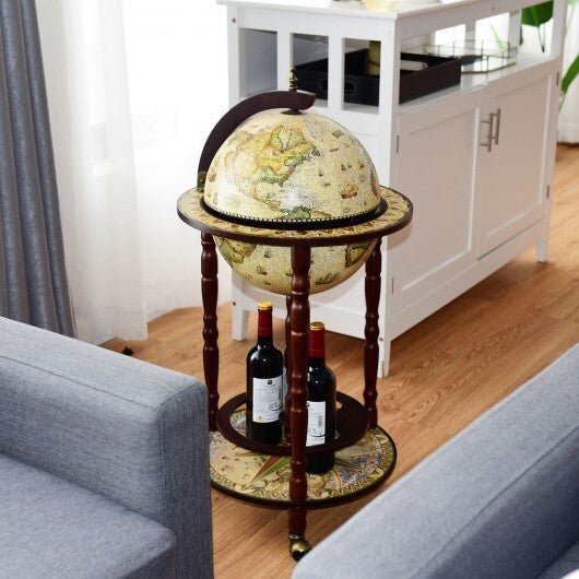 17 Inch Italian Style Design Wooden Globe Liquor Bottle Wine Rack with Wheels - Galactic capuchin