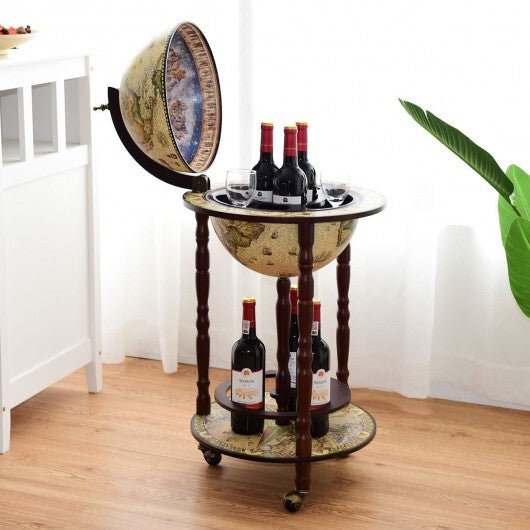 17 Inch Italian Style Design Wooden Globe Liquor Bottle Wine Rack with Wheels - Galactic capuchin
