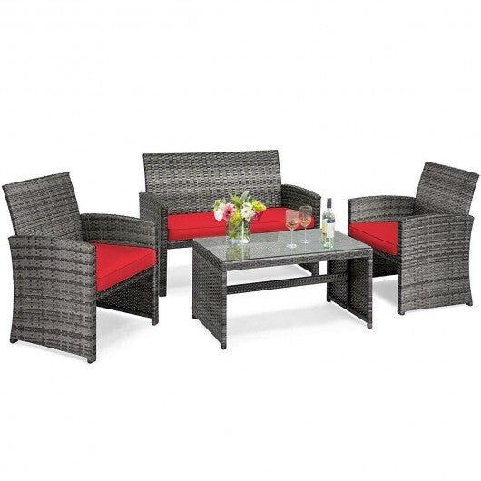 4 Pieces Patio Rattan Furniture Set with Cushions - Red - Color: Red - Galactic capuchin